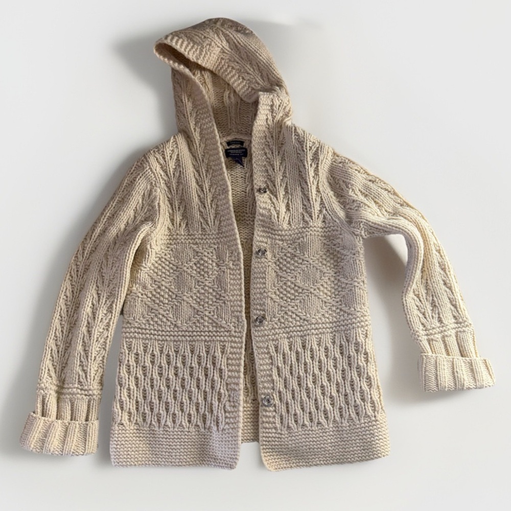 Vintage American Eagle 100% Lambswool Hooded Cable Knit Cardigan Fisherman Aran